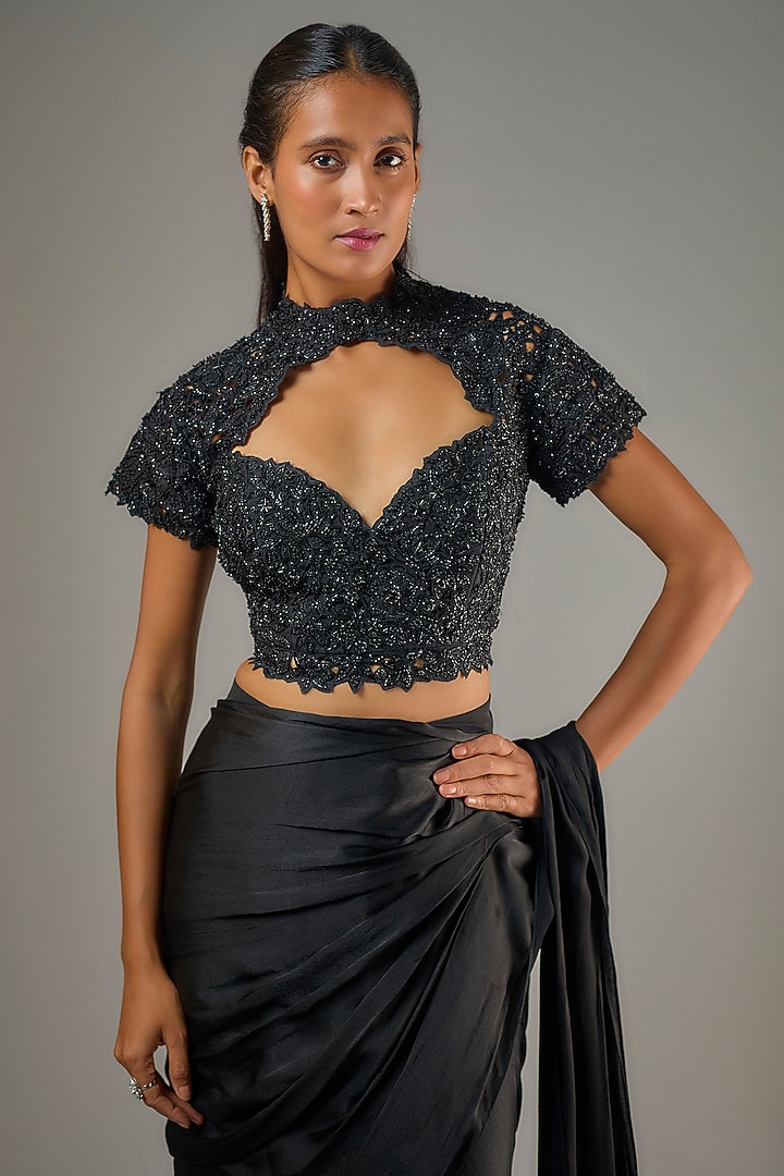 Black Organza & Satin Georgette Ruffled Wedding Saree Set by COUTURE BY NIHARIKA at Pernia's Pop Up Shop