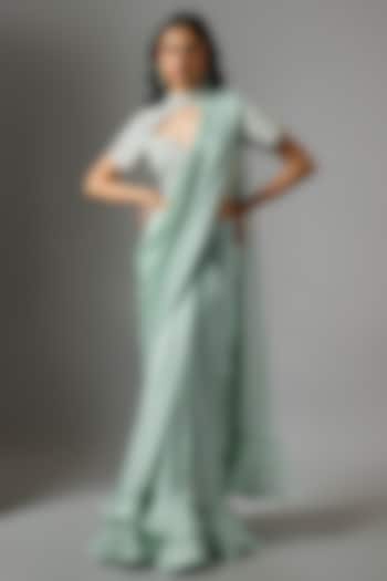 Powder Blue Satin Organza Floral Cutwork Ruffled Wedding Saree Set by COUTURE BY NIHARIKA at Pernia's Pop Up Shop