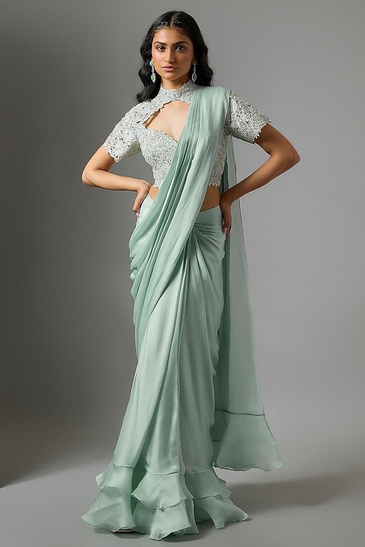 Powder Blue Satin Organza Floral Cutwork Ruffled Wedding Saree Set by COUTURE BY NIHARIKA at Pernia's Pop Up Shop