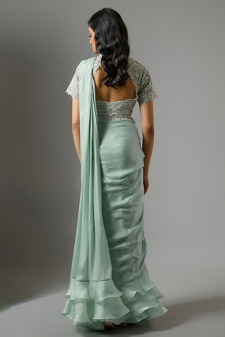Powder Blue Satin Organza Floral Cutwork Ruffled Wedding Saree Set by COUTURE BY NIHARIKA at Pernia's Pop Up Shop