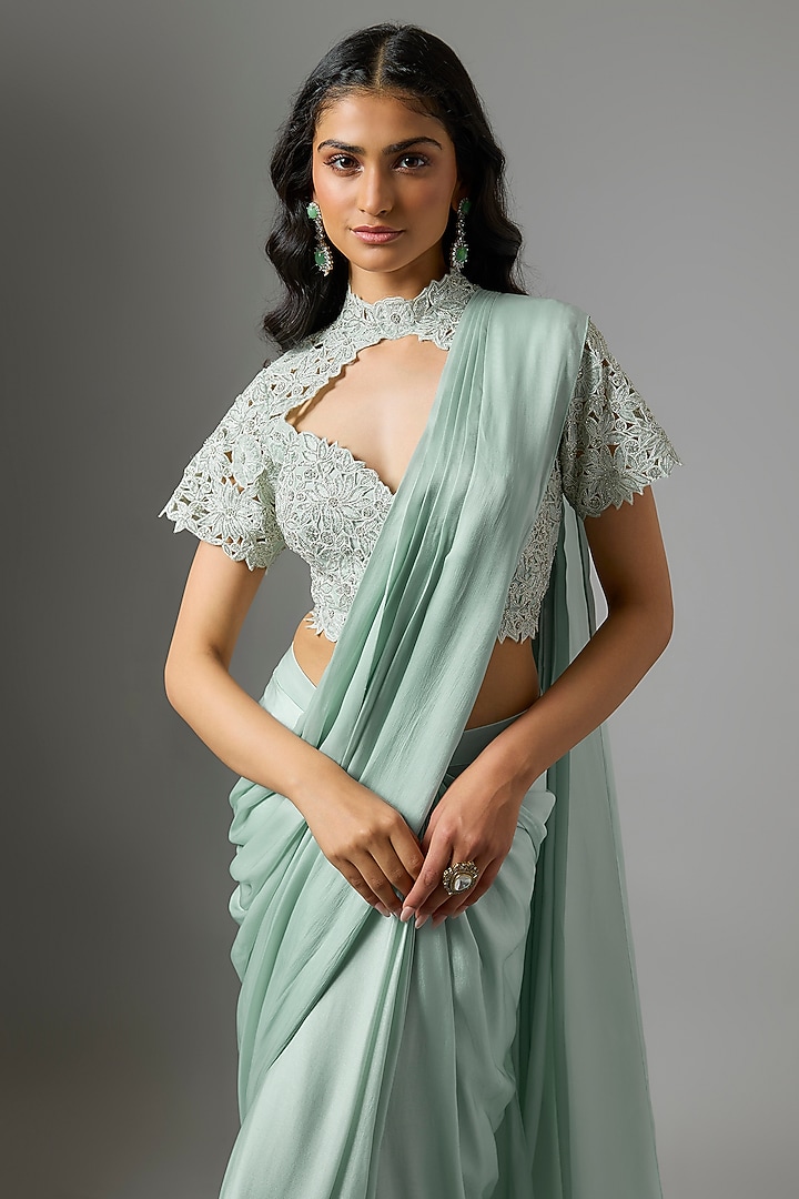 Powder Blue Satin Organza Floral Cutwork Ruffled Wedding Saree Set by COUTURE BY NIHARIKA at Pernia's Pop Up Shop
