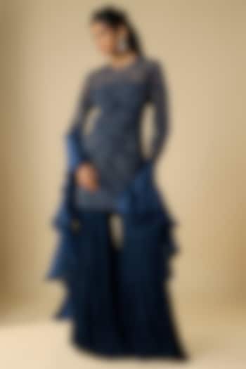 Navy Blue Viscose Georgette & Net Layered Bridal Sharara Set by COUTURE BY NIHARIKA at Pernia's Pop Up Shop