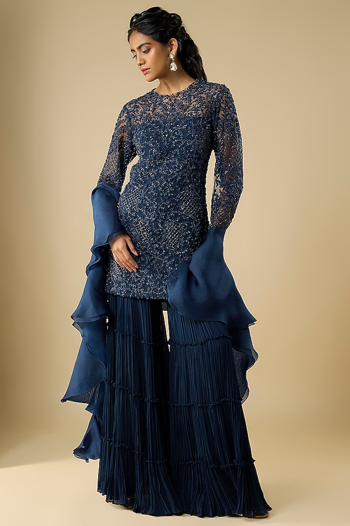 Navy Blue Viscose Georgette & Net Layered Bridal Sharara Set by COUTURE BY NIHARIKA at Pernia's Pop Up Shop
