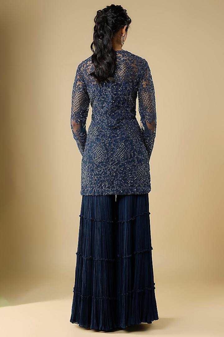 Navy Blue Viscose Georgette & Net Layered Bridal Sharara Set by COUTURE BY NIHARIKA at Pernia's Pop Up Shop