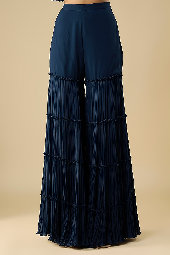 Navy Blue Viscose Georgette & Net Layered Bridal Sharara Set by COUTURE BY NIHARIKA at Pernia's Pop Up Shop