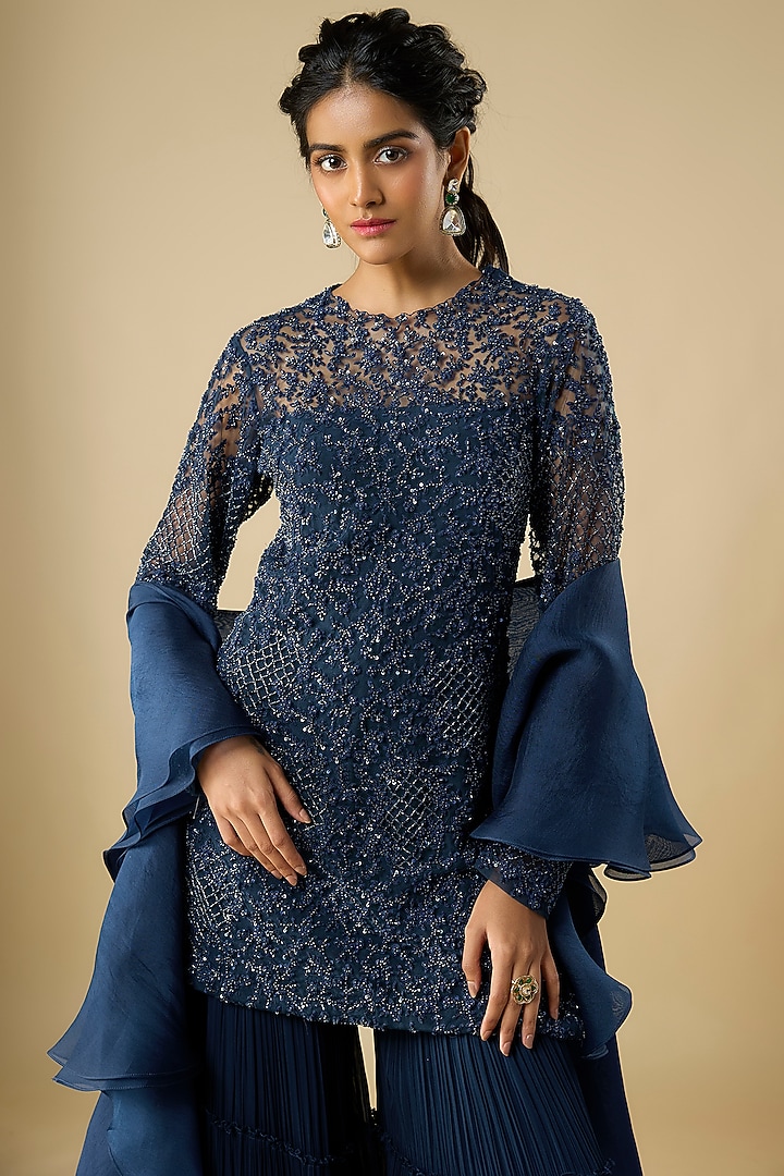 Navy Blue Viscose Georgette & Net Layered Bridal Sharara Set by COUTURE BY NIHARIKA at Pernia's Pop Up Shop