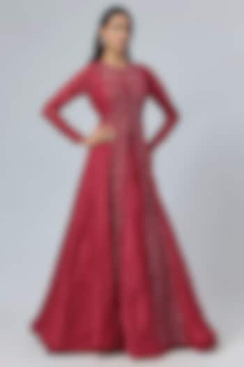 Red Organza Floral Cutwork Paneled Jacket Set by COUTURE BY NIHARIKA at Pernia's Pop Up Shop