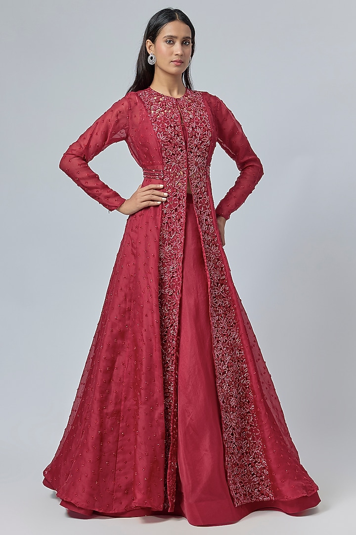Red Organza Floral Cutwork Paneled Jacket Set by COUTURE BY NIHARIKA at Pernia's Pop Up Shop