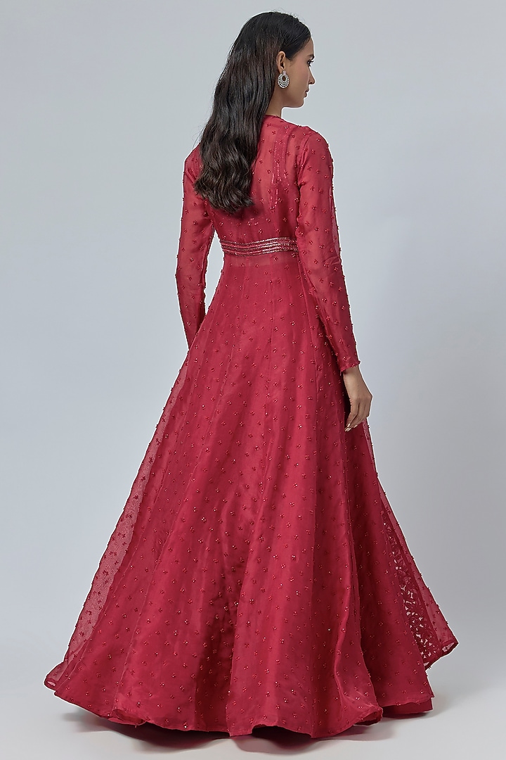 Red Organza Floral Cutwork Paneled Jacket Set by COUTURE BY NIHARIKA at Pernia's Pop Up Shop