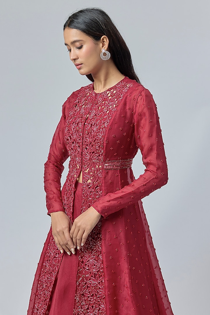 Red Organza Floral Cutwork Paneled Jacket Set by COUTURE BY NIHARIKA at Pernia's Pop Up Shop