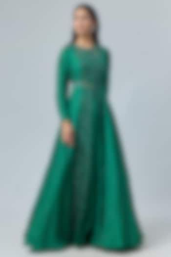 Emerald Green Organza Floral Cutwork Paneled Jacket Set by COUTURE BY NIHARIKA at Pernia's Pop Up Shop