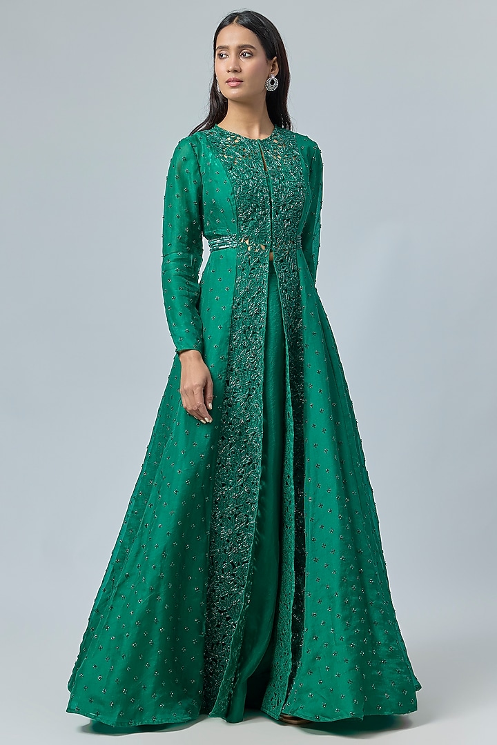 Emerald Green Organza Floral Cutwork Paneled Jacket Set by COUTURE BY NIHARIKA at Pernia's Pop Up Shop