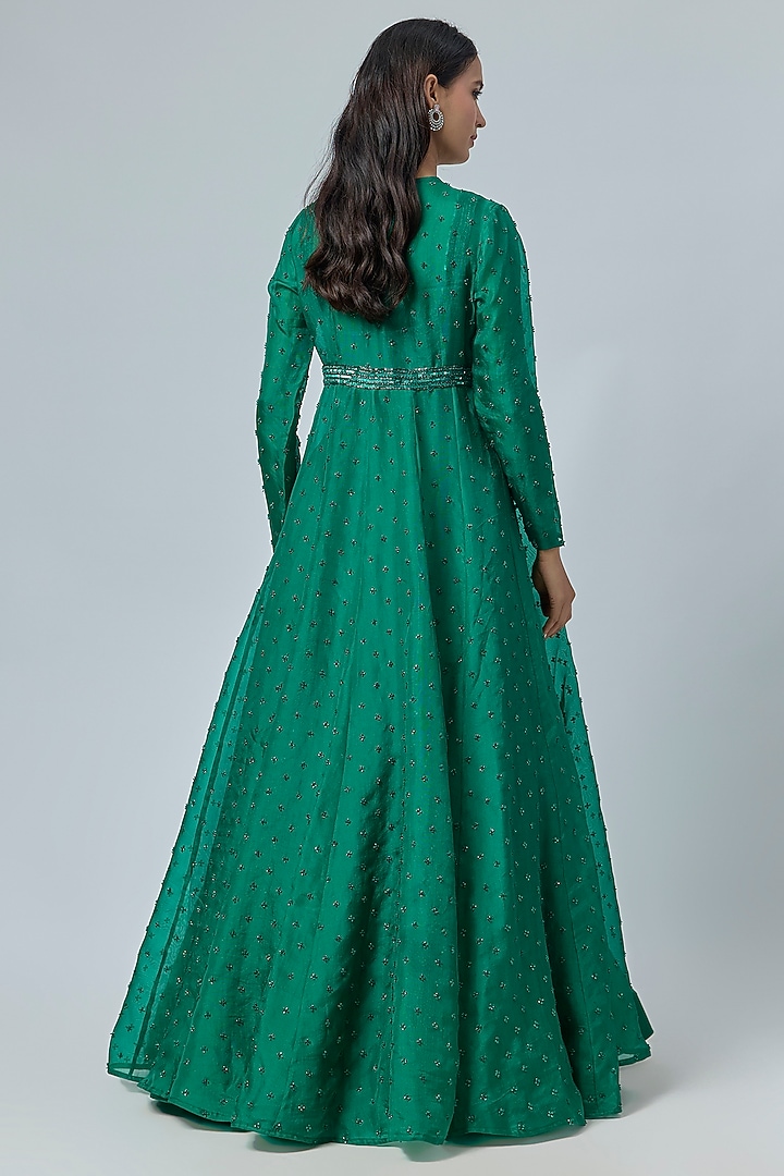 Emerald Green Organza Floral Cutwork Paneled Jacket Set by COUTURE BY NIHARIKA at Pernia's Pop Up Shop