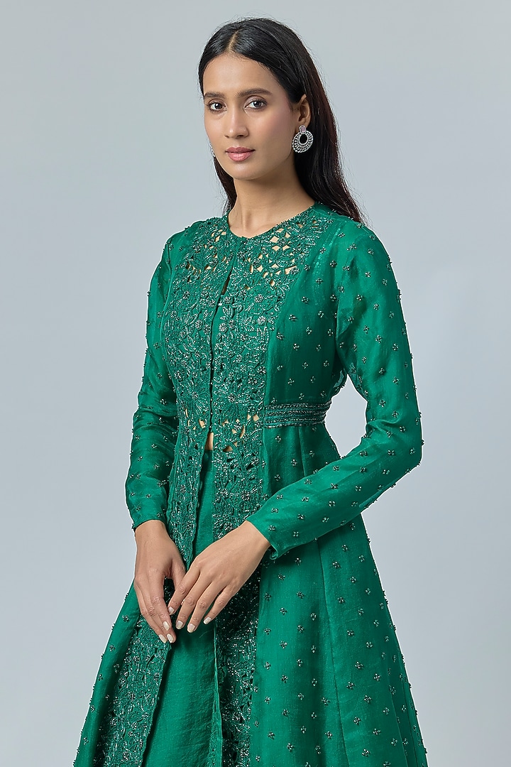 Emerald Green Organza Floral Cutwork Paneled Jacket Set by COUTURE BY NIHARIKA at Pernia's Pop Up Shop