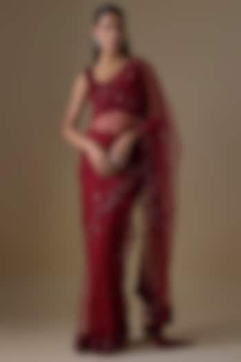 Red Net & Organza Sequin Embellished Wedding Saree Set by COUTURE BY NIHARIKA at Pernia's Pop Up Shop