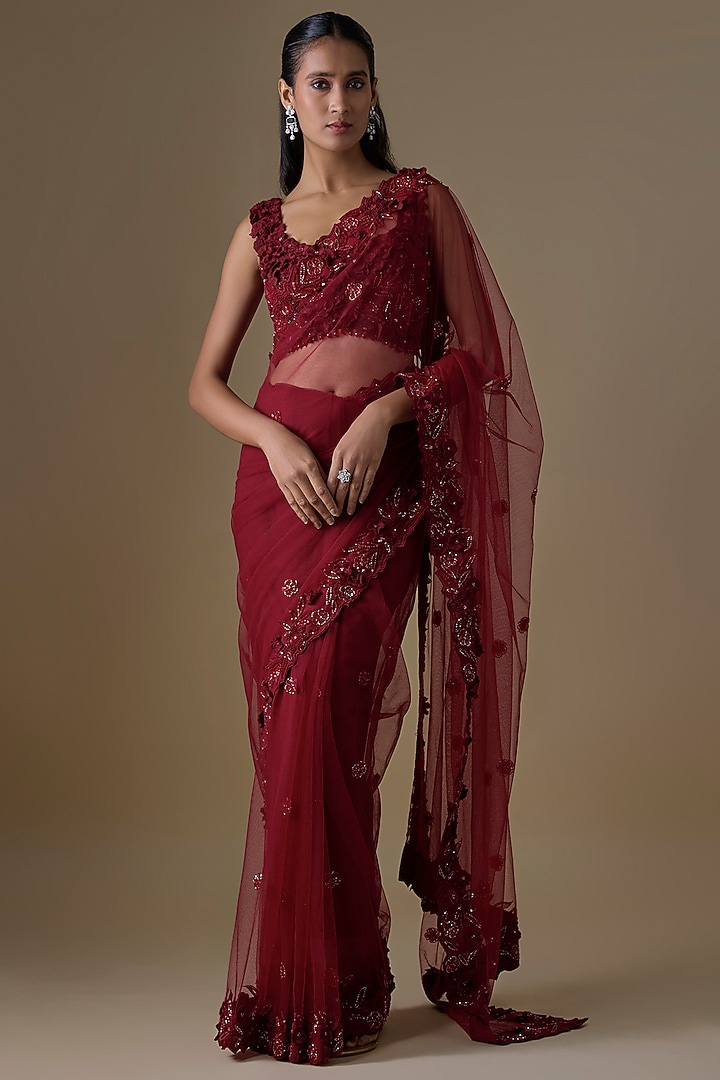 Red Net & Organza Sequin Embellished Wedding Saree Set by COUTURE BY NIHARIKA at Pernia's Pop Up Shop
