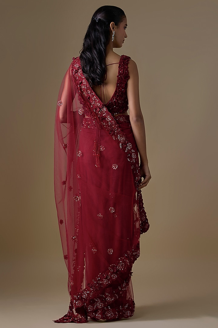 Red Net & Organza Sequin Embellished Wedding Saree Set by COUTURE BY NIHARIKA at Pernia's Pop Up Shop