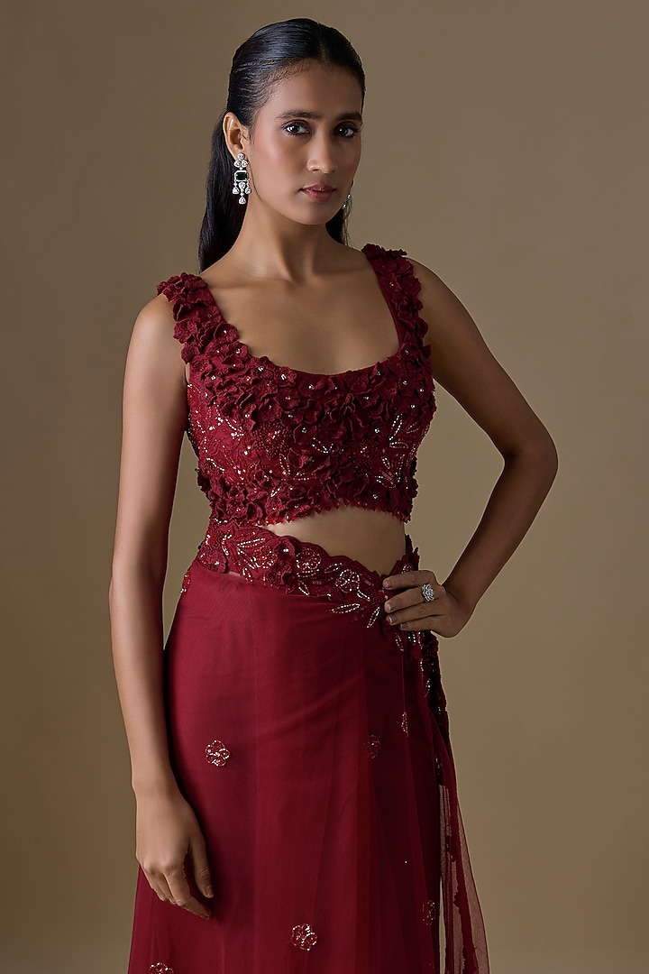 Red Net & Organza Sequin Embellished Wedding Saree Set by COUTURE BY NIHARIKA at Pernia's Pop Up Shop