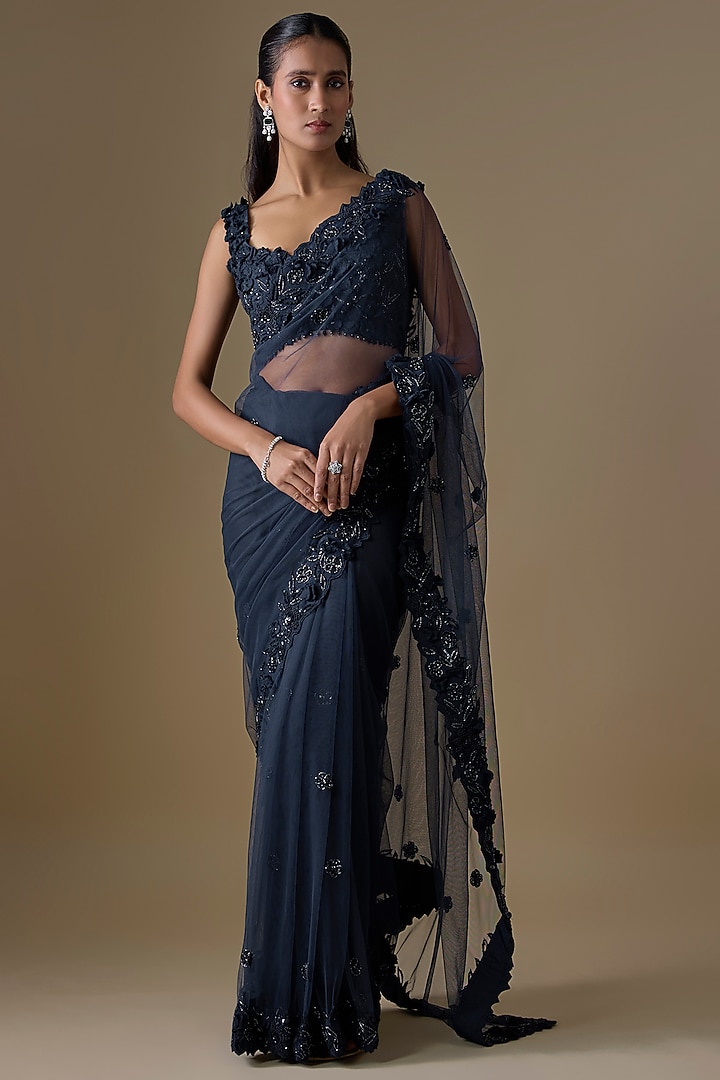 Blue Net & Organza Sequin Embellished Wedding Saree Set by COUTURE BY NIHARIKA at Pernia's Pop Up Shop
