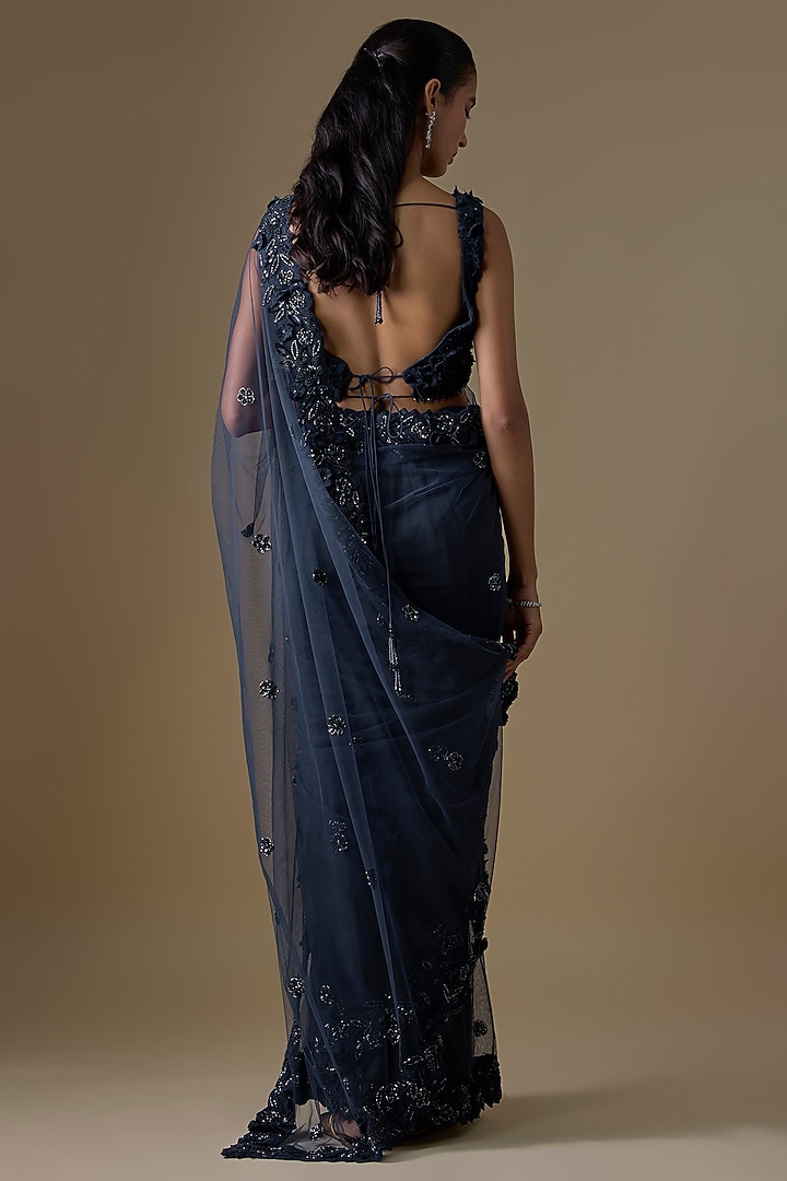 Blue Net & Organza Sequin Embellished Wedding Saree Set by COUTURE BY NIHARIKA at Pernia's Pop Up Shop