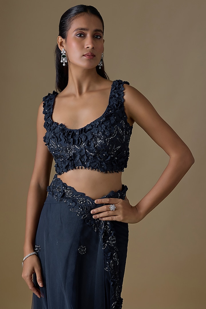 Blue Net & Organza Sequin Embellished Wedding Saree Set by COUTURE BY NIHARIKA at Pernia's Pop Up Shop