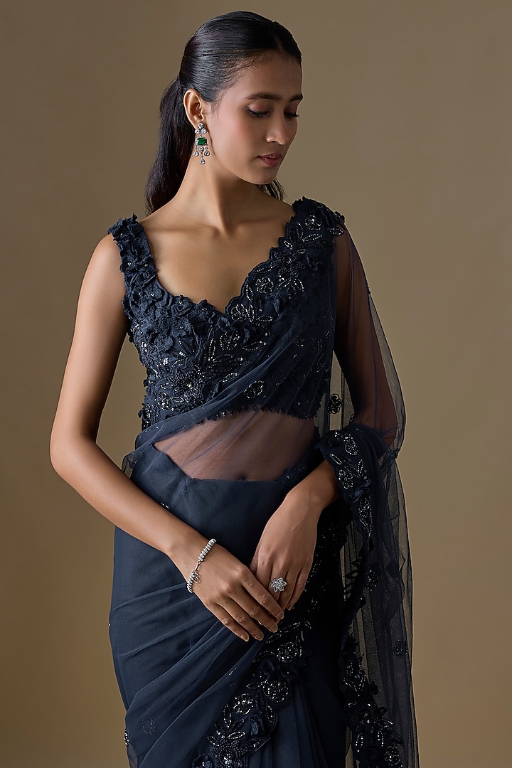 Blue Net & Organza Sequin Embellished Wedding Saree Set by COUTURE BY NIHARIKA at Pernia's Pop Up Shop