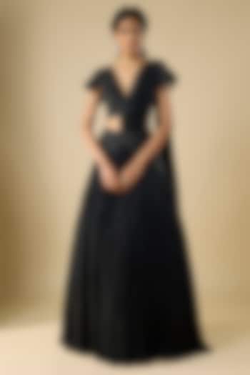 Black Net Organza Gathered Skirt Wedding Saree Set by COUTURE BY NIHARIKA at Pernia's Pop Up Shop