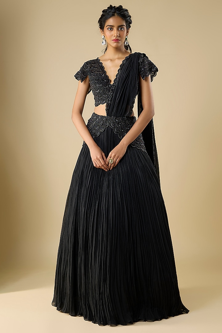 Black Net Organza Gathered Skirt Wedding Saree Set by COUTURE BY NIHARIKA at Pernia's Pop Up Shop