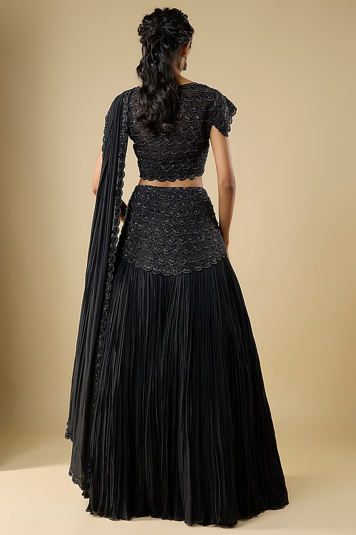 Black Net Organza Gathered Skirt Wedding Saree Set by COUTURE BY NIHARIKA at Pernia's Pop Up Shop