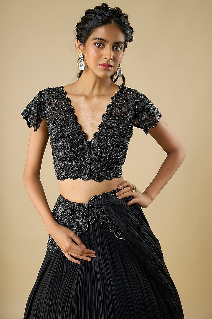 Black Net Organza Gathered Skirt Wedding Saree Set by COUTURE BY NIHARIKA at Pernia's Pop Up Shop
