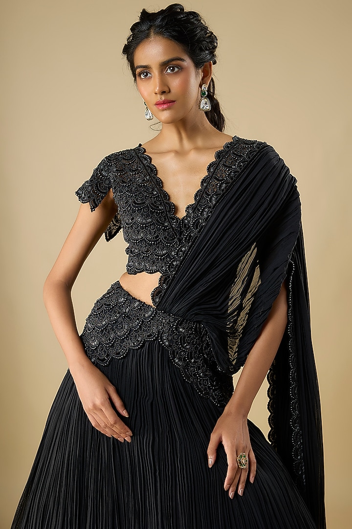 Black Net Organza Gathered Skirt Wedding Saree Set by COUTURE BY NIHARIKA at Pernia's Pop Up Shop