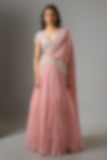 Powder Pink Net Organza Embroidered Gathered Skirt Wedding Saree Set by COUTURE BY NIHARIKA at Pernia's Pop Up Shop