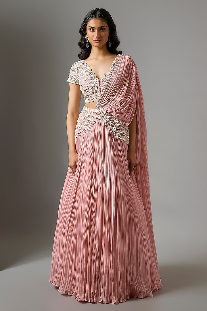 Powder Pink Net Organza Embroidered Gathered Skirt Wedding Saree Set by COUTURE BY NIHARIKA at Pernia's Pop Up Shop