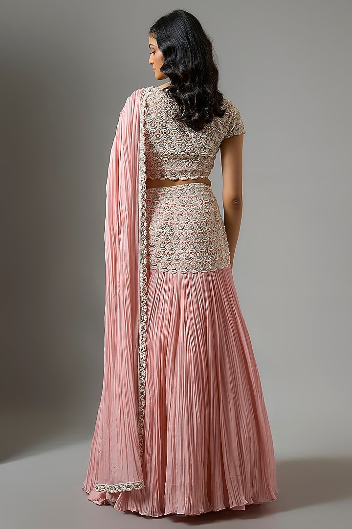 Powder Pink Net Organza Embroidered Gathered Skirt Wedding Saree Set by COUTURE BY NIHARIKA at Pernia's Pop Up Shop