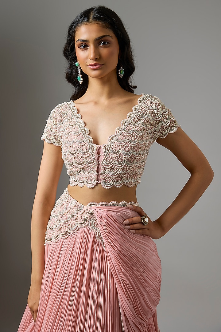 Powder Pink Net Organza Embroidered Gathered Skirt Wedding Saree Set by COUTURE BY NIHARIKA at Pernia's Pop Up Shop