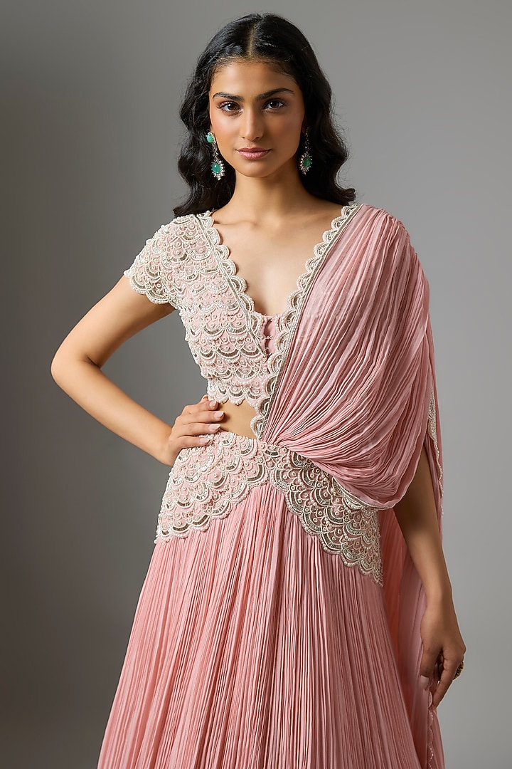 Powder Pink Net Organza Embroidered Gathered Skirt Wedding Saree Set by COUTURE BY NIHARIKA at Pernia's Pop Up Shop