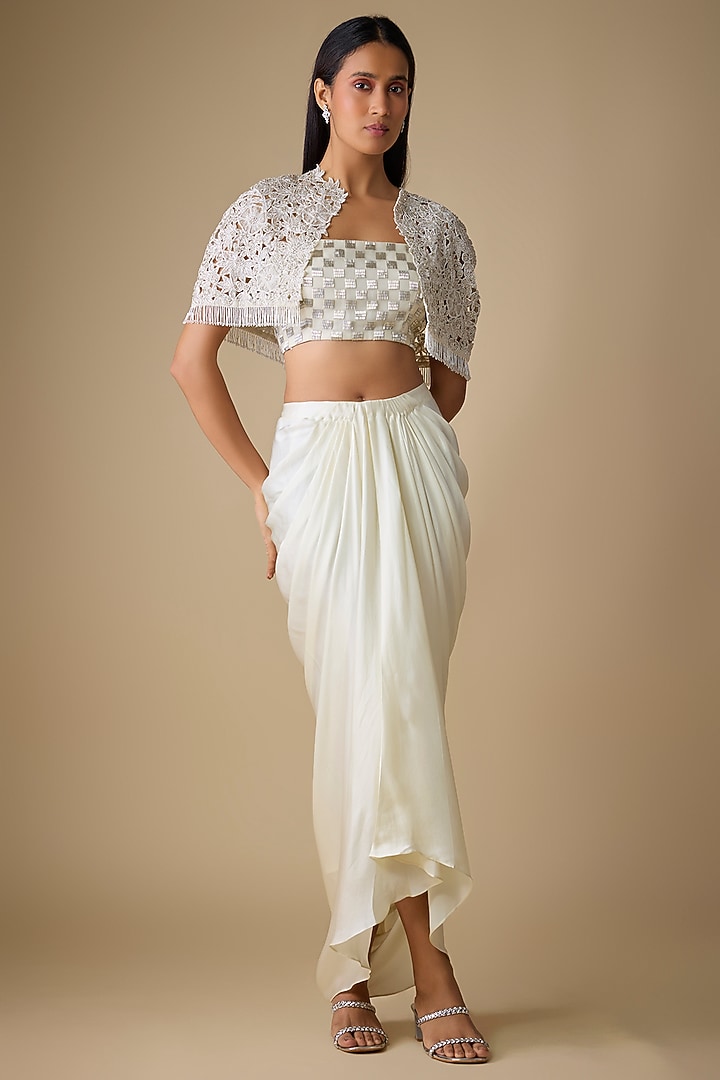 Ivory Organza & Satin Draped Skirt Set by COUTURE BY NIHARIKA at Pernia's Pop Up Shop