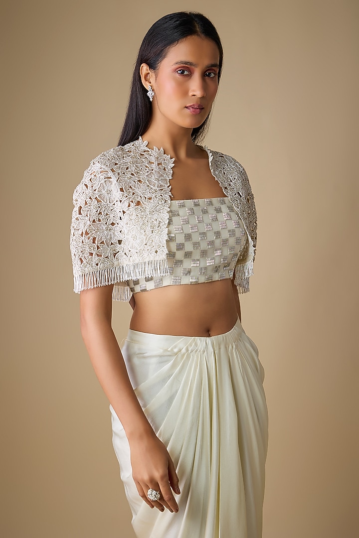 Ivory Organza & Satin Draped Skirt Set by COUTURE BY NIHARIKA at Pernia's Pop Up Shop