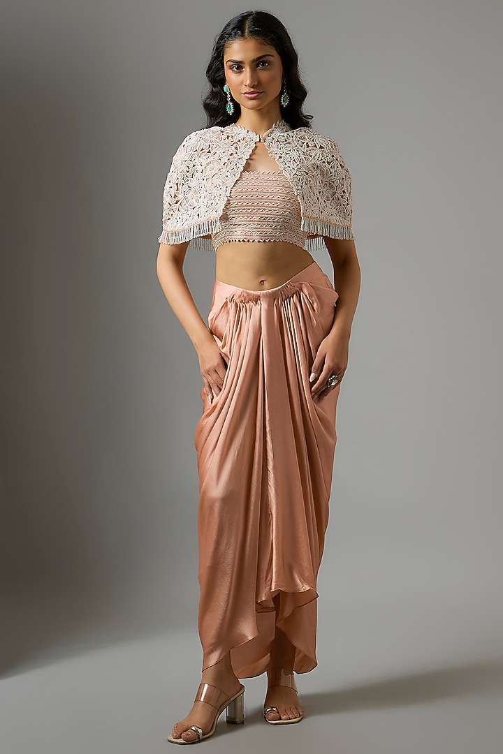 Peach Organza Floral Cutwork Cape Set by COUTURE BY NIHARIKA at Pernia's Pop Up Shop