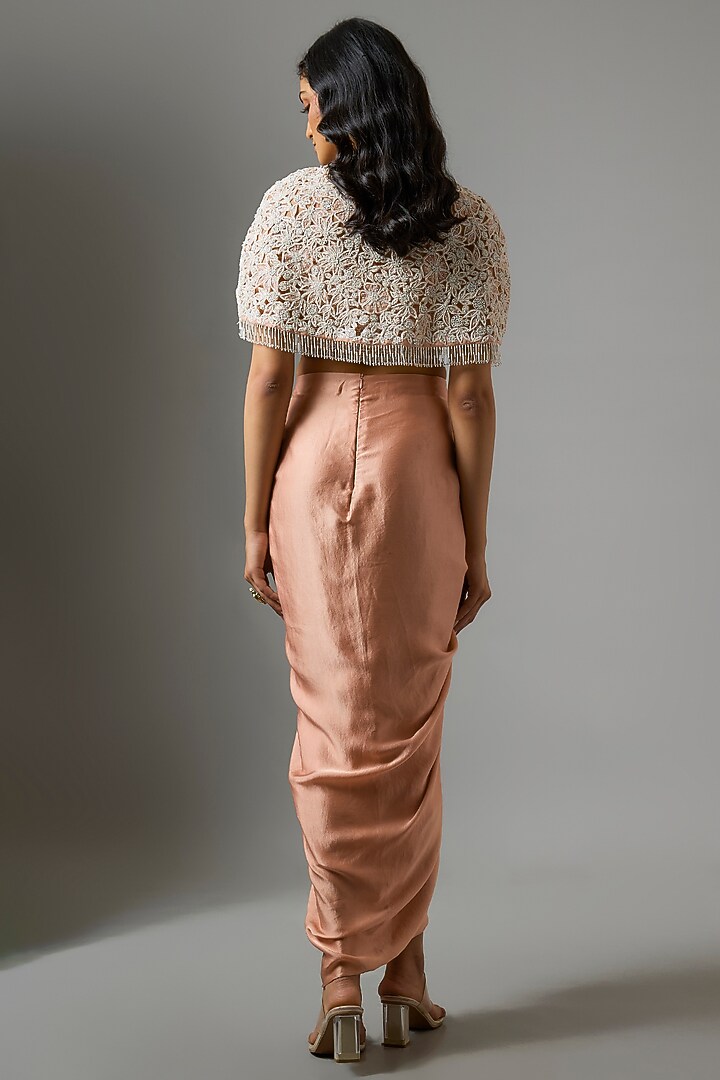 Peach Organza Floral Cutwork Cape Set by COUTURE BY NIHARIKA at Pernia's Pop Up Shop
