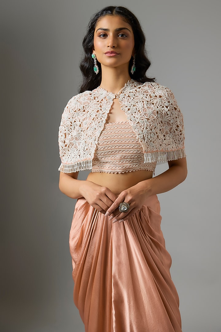 Peach Organza Floral Cutwork Cape Set by COUTURE BY NIHARIKA at Pernia's Pop Up Shop