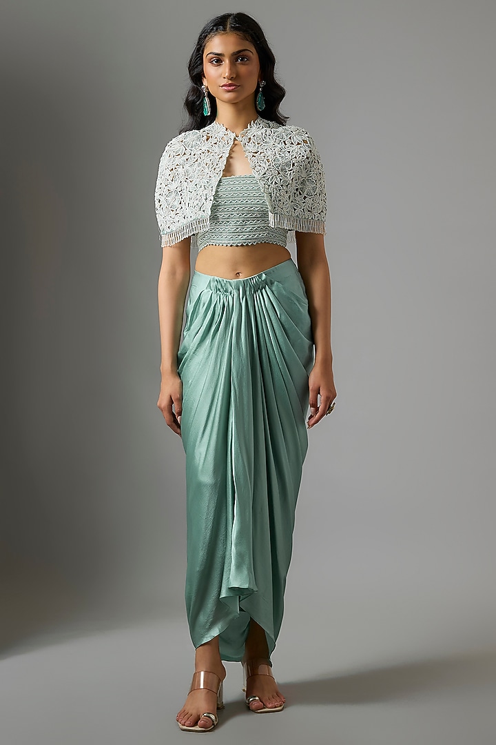 Powder blue Organza Floral Cutwork Cape Set by COUTURE BY NIHARIKA at Pernia's Pop Up Shop