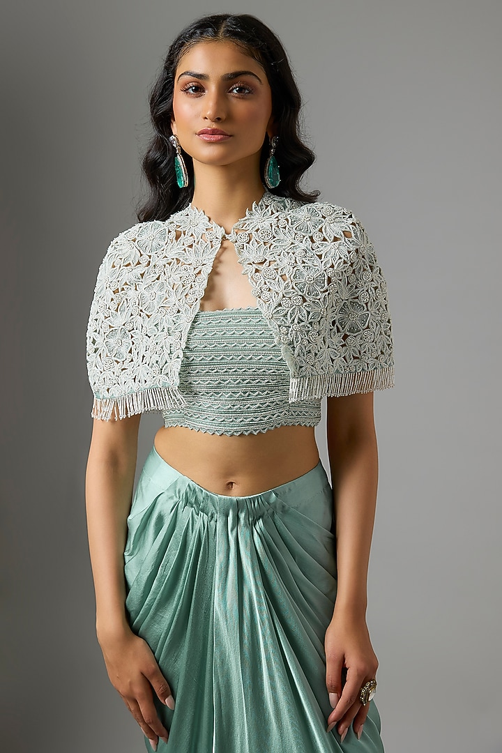 Powder blue Organza Floral Cutwork Cape Set by COUTURE BY NIHARIKA at Pernia's Pop Up Shop