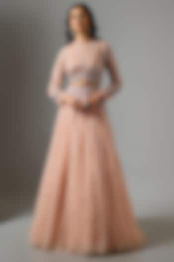 Peach Net Hand Embroidered Wedding Lehenga Set by COUTURE BY NIHARIKA at Pernia's Pop Up Shop