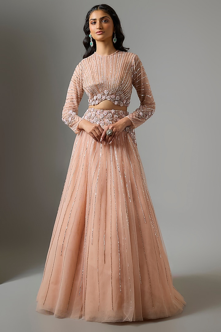 Peach Net Hand Embroidered Wedding Lehenga Set by COUTURE BY NIHARIKA at Pernia's Pop Up Shop