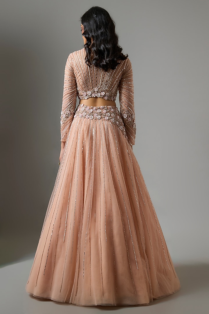 Peach Net Hand Embroidered Wedding Lehenga Set by COUTURE BY NIHARIKA at Pernia's Pop Up Shop