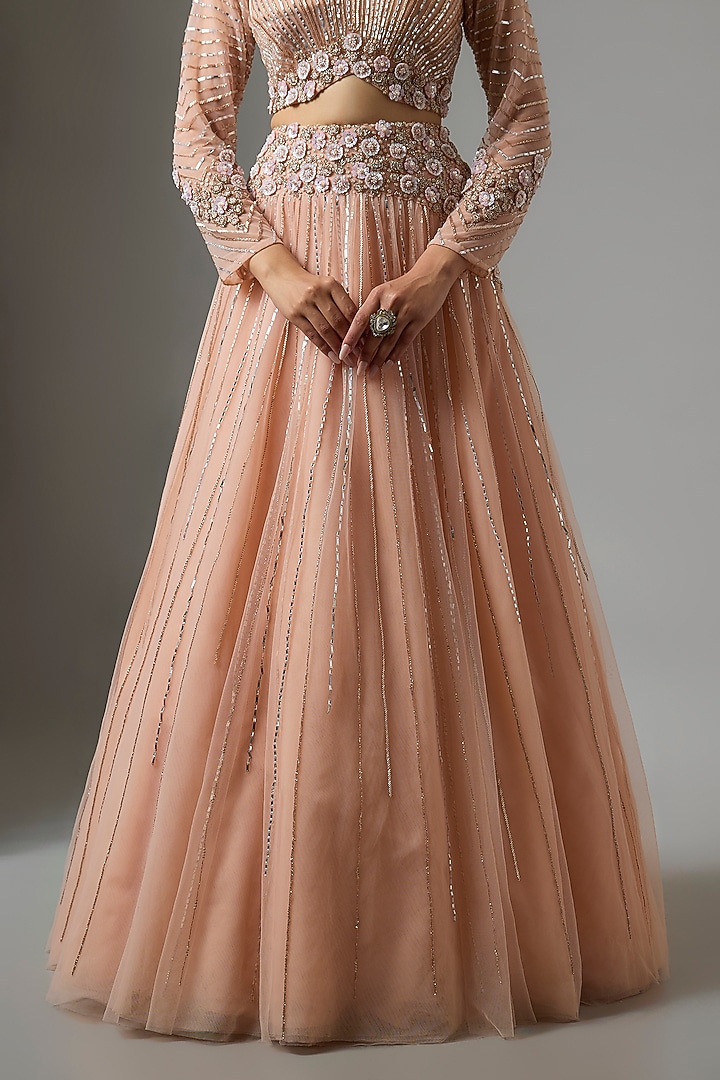 Peach Net Hand Embroidered Wedding Lehenga Set by COUTURE BY NIHARIKA at Pernia's Pop Up Shop