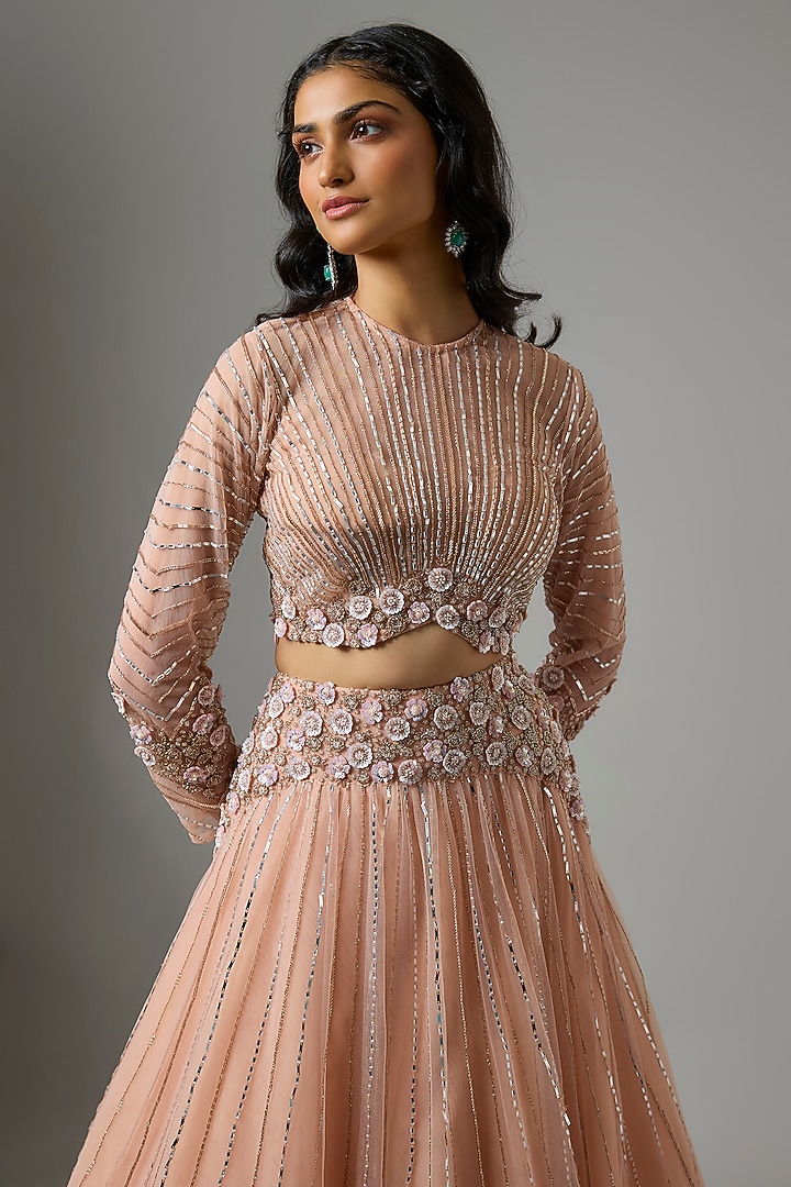 Peach Net Hand Embroidered Wedding Lehenga Set by COUTURE BY NIHARIKA at Pernia's Pop Up Shop