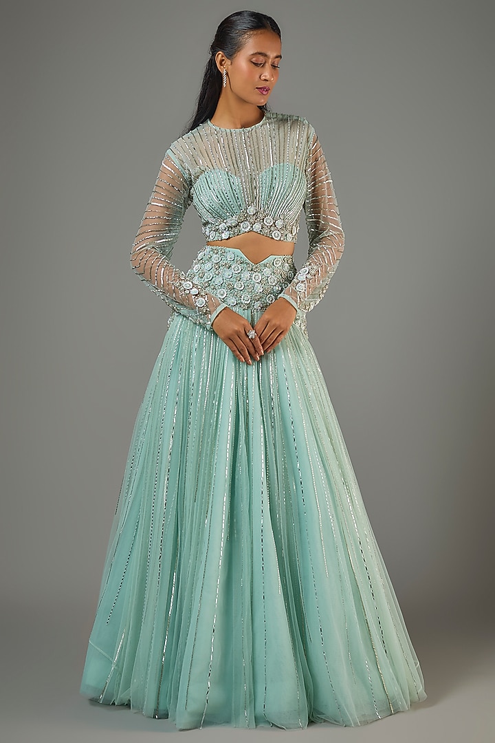 Powder Blue Net Hand Embroidered Wedding Lehenga Set by COUTURE BY NIHARIKA at Pernia's Pop Up Shop