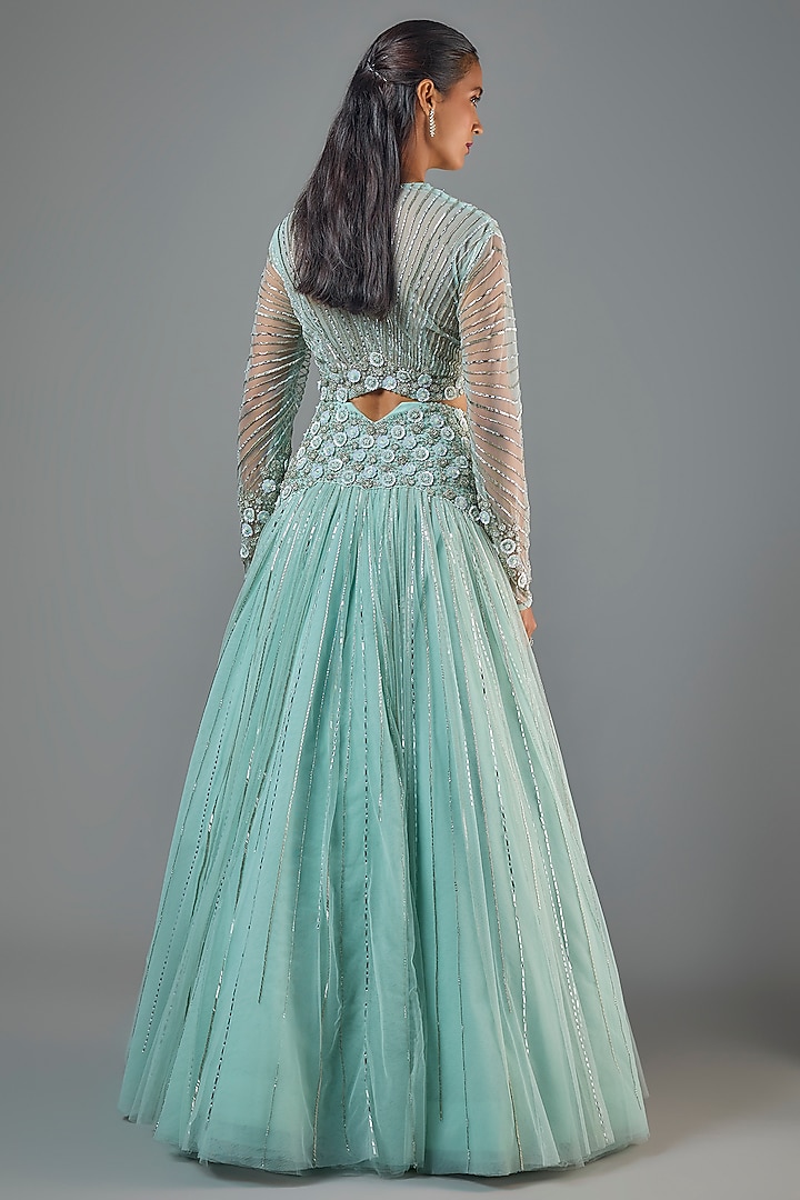 Powder Blue Net Hand Embroidered Wedding Lehenga Set by COUTURE BY NIHARIKA at Pernia's Pop Up Shop